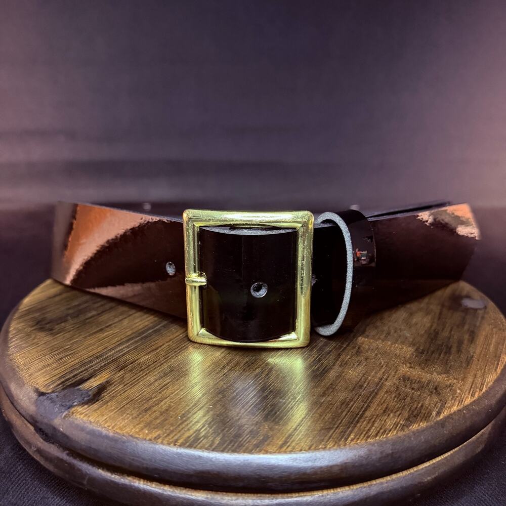 Galls Uniform Belt Size 28" Black Hi Gloss Leather Brass Buckle